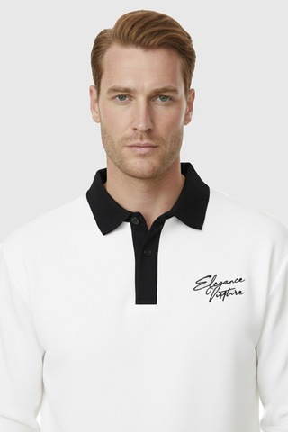 Rizzup Erkek Beyaz Relax Fit İçi Polarlı Polo Yaka Sweatshirt Pamuklu Kalın Sweatshirt 2600762