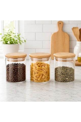 3'lü 300 Ml Bambu Kapaklı Cam Kavanoz Seti, Silikon Contalı Şeffaf Baharatlık Ve Saklama Kabı, Çay Kahve Şeker Baharat Kuruyemiş Kavanozu Çok Renkli