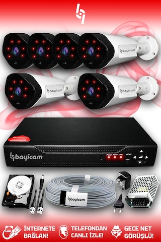 Bayicam 6 Kameralı Uzay 6 Dış Kamera Set 100 GB HDD Full HD Gece Görüşlü Güvenlik Kamerası Sistemi