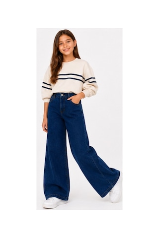 İrem Çocuk Giyim Kız Çocuk Geniş Paça Yüksek Bel Model Beli Lastikli Fermuar Kapamalı Oversize Lacivert Renk Kot Pantolon Lacivert