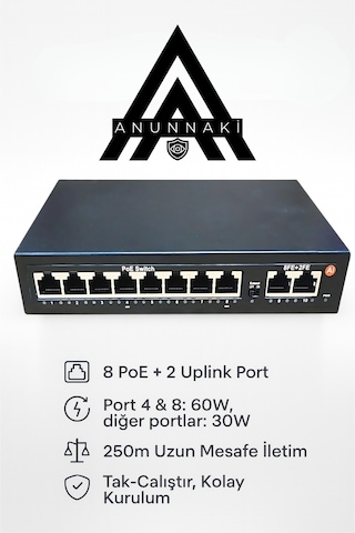 Anunnaki An1028mn 8 Port Poe Switch 120w 2 Uplink 250m Extend Ip Kamera Uyumlu Aı Watchdog