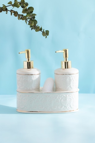 Porsima 3116 Gold Kapaklı Porselen Süngerli 2li Sıvı Sabunluk Beyaz 350+350 Ml Altın - Beyaz