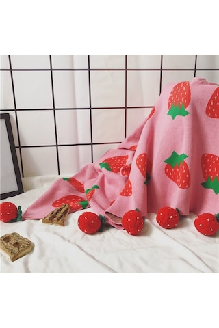 Sones Çocuk Çilek Örgü Pamuklu Battaniye Ölçü: 100 X 130cm Gül Kırmızısı Kırmızı