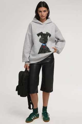 Hiccup Oversize Baskılı Kapüşonlu Sweatshirt Gri