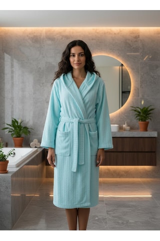 Pamuklu Kapüşonlu Unisex Bornoz Mint