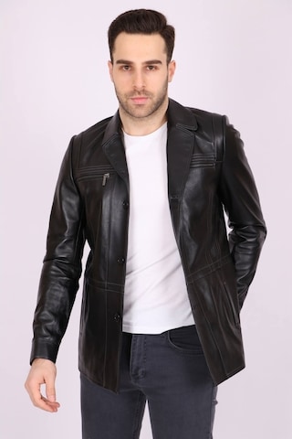 Erkek Siyah Hakiki Deri Yakalı Düğmeli Klasik Casual Mont