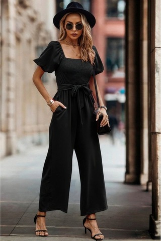 Butik İstanbul Kadın Kısa Kollu Kare Yakalı Göğsü Gipeli Belden Kuşaklı Uzun Janjan Tulum Siyah