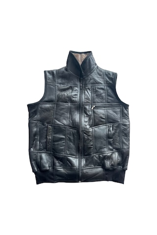 Içi Kürk Hakiki Deri Yakalı Biye Triko Detaylı Siyah-Vizon Yelek