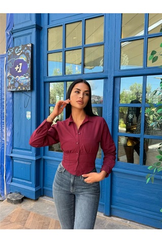 WeShaya Bordo Pamuk Polyester Parçalı Gömlek Bordo