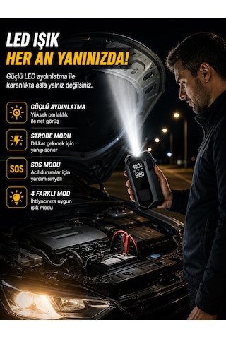 Merwish 16000mah 4'ü 1 Arada Akü Takviye Cihazı 2000a Hava Kompresörü Powerbank Led Fener Dijital Ekran Çantalı