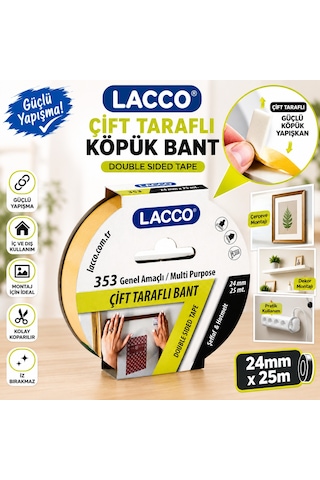 Lacco Çift Taraflı Köpük Bant 24 Mm X 25 M Güçlü Yapışkanlı Montaj Bandı Çok Amaçlı Beyaz 1 Adet