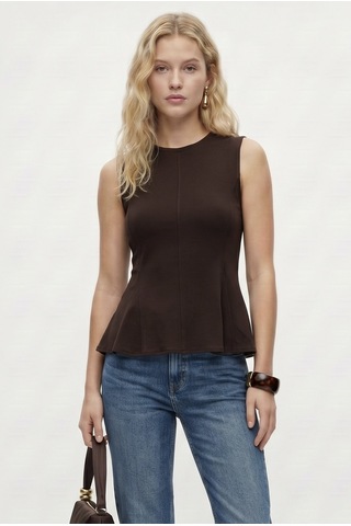 Ritnice Kadın Rowe %100 Pamuk Peplum Sıfır Kol Kahverengi Bluz