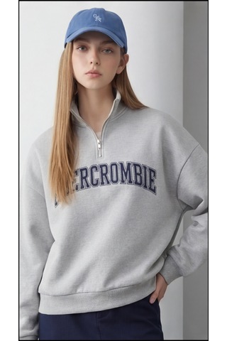 Modeva Global Kadın Gri Yarım Fermuarlı Oversize Sweatshirt Baskılı, Yumuşak Dokulu, Günlük & Spor Şık Açık Gri
