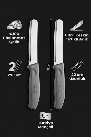 Makri Home Makri Home 2'li Ultra Keskin Tırtıklı Bıçak Seti, Gri 22 Cm Paslanmaz Çelik