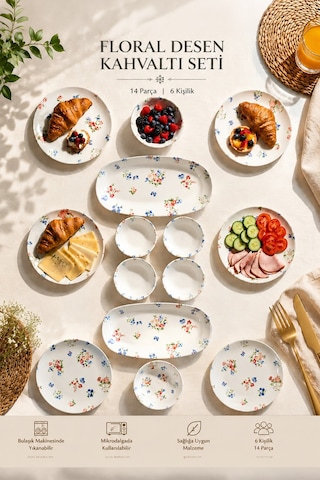 Porsima 4270 Pure 14 Parça Porselen Kahvaltı Seti 6 Kişilik Kahvaltı Takımı Renkli