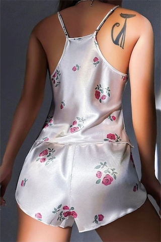 Hotflirt Nl 3660 Kadın Beyaz Desenli Saten Şık Şortlu Takım Beyaz