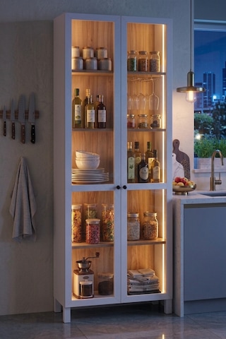 Robin Home Silva Temperli Camlı Neon Led Işıklı Çok Amaçlı Mutfak Dolabı Erzak Kiler Dolabı Ahşap Ayaklı 5 Raflı Sepet-beyaz 183cm