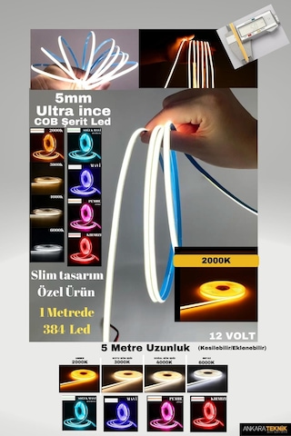 Ultra Ince 5mm. Kalınlık Cob Şerit Led 2000k Neon Gibi Yanar.