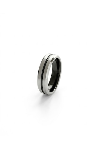 Erkek Siyah Çizgi Detay Gümüş Renk 6 Mm Tungsten Yüzük Gümüş - Siyah
