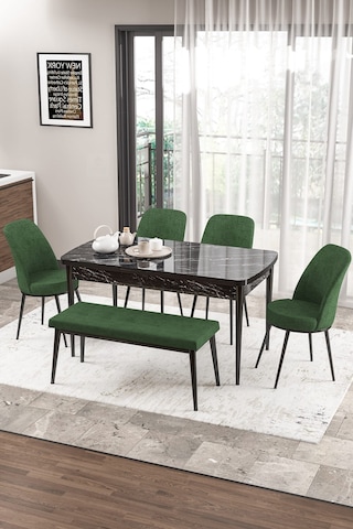 Canisa Concept Zen Serisi 80x132 Mdf Açılabilir Siyah Mermer Desen Masa Takımı 4 Haki Yeşil Sandalye Ve 1 Bench Masa Siyah Mermer Sandalye Ve Bench Haki