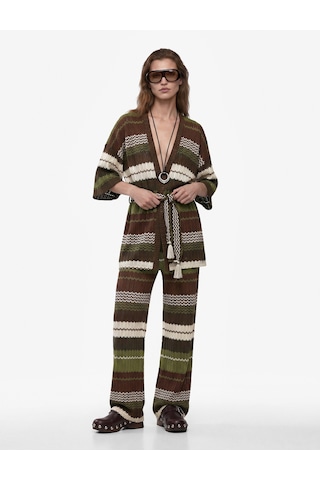 Koton Koton X Melis Ağazat - Kuşak Kemer Detaylı 3/4 Kol Desenli Pointelle Örgü Kimono Kahverengi Çizgili 6sak30082ek Kahve Çizgili