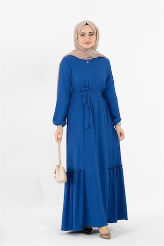 Sevitli Beli Kemerli Bürümcük Elbise - Saks Mavisi-1422-saks Mavisi Saks