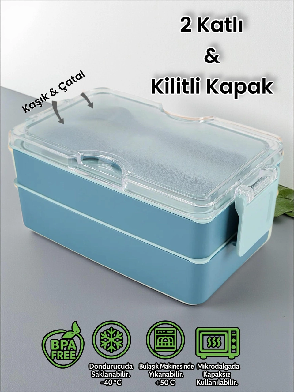 Dikdörtgen İki Katlı Lunch Box Mavi Renk Beslenme Kutusu Saklama Kutusu Mavi