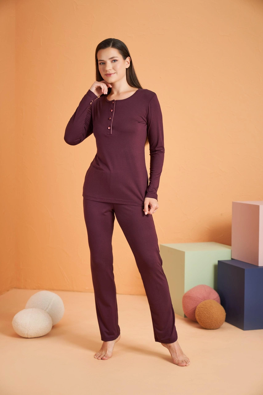 Pjs Kadın Viskon 4 Mevsim Kumaş Düğmeli Uzun Kollu Pijama Takım bordo