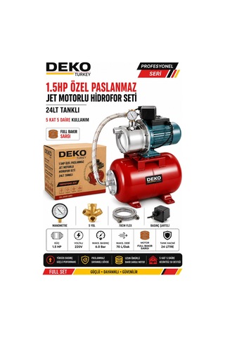 Deko Dktpas1590 1.5 Hp Paslanmaz Jet Hidrofor Seti 24 Lt Küre Otomatik Su Pompası 5 Kat 5 Daire