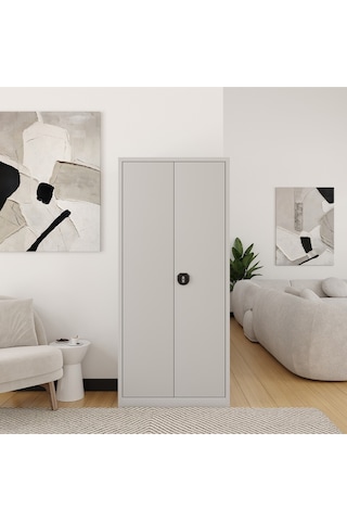 Metal Dosya Dolabı, Tam Montajlı, 195x92x42cm, Kilitlenebilir Dolap, 5 Bölmeli, Çok Amaçlı Dolap Gri