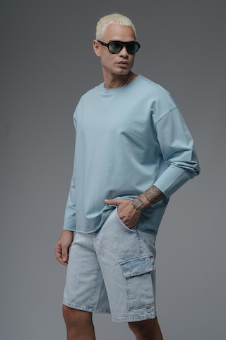 Pis Yaka Oversize Kalıp Düz Sweatshirt Mavi