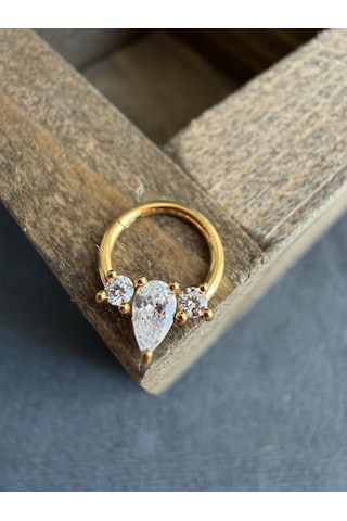 %100 316 L Cerrahi Çelik Markiz Badem Zirkon Taşlı Kilitli Halka Piercing Altın