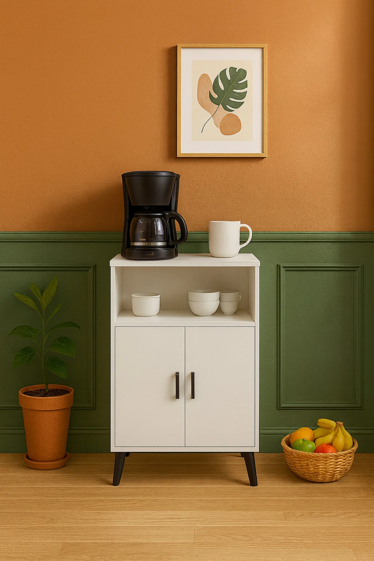 Mini Kahve Köşesi Beyaz- 2 Kapaklı Yüksek Ayaklı Raflı Çok Amaçlı Dolap Banyo Kiler Mutfak Dolabı