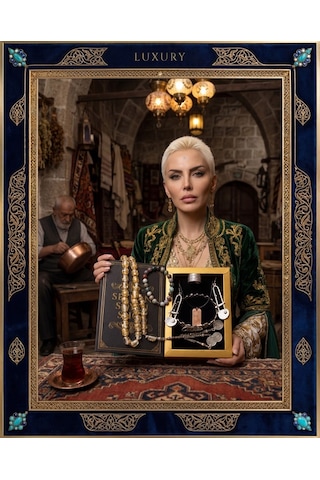 Luxury Seri Özel Tasarım Kitap Kutulu Kadın Takı Seti Ve Tesbih Kombin - Kolye Küpe Yüzük Bileklik Ekstra Boncuk Bileklik 6 Parça Hediyelik - Doğum Günü Yıl Dönümü Sevgililer Günü Gösterişli Hediye - L-00124 Bakır