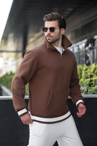 Madmext Kahverengi Fermuarlı Dik Yaka Kanguru Cep Erkek Sweatshirt E7159 Kahverengi