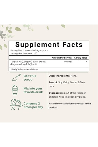 Micro Ingredients Tongkat Ali 200:1 Extract Powder 100 Gr - 200 Servis
