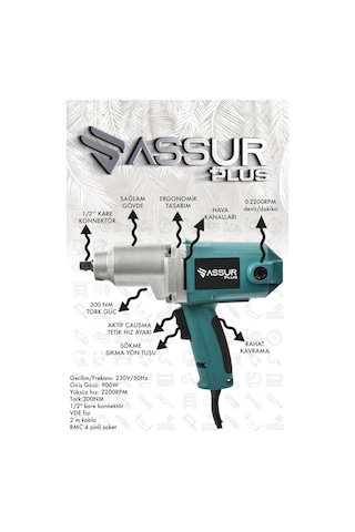 Assur ASR116 Elektrikli 900W 300NM Somun Sıkma Sökme Mavi