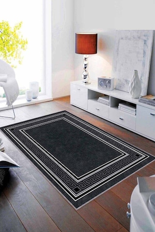 Antrasit Çerçeveli Kaymaz Tabanlı Dekoratif Halı Rv031n11