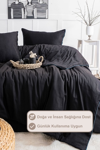 Elart Stark Nevresim Takımı Çift Kişilik %100 Pamuk Saten Biyeli 200x220 Cm Siyah Siyah