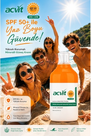 Acvit Yüksek Korumalı ve Mineralli Güneş Kremi SPF50+ 100 ML