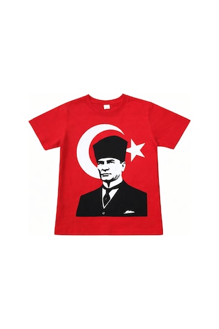 Herşeynota Unisex Çocuk Atatürk Baskılı Tişört Kırmızı 23 Nisan Okul Gösterisi 3-14 Yaş