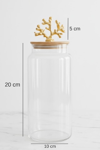 1400 Ml Borosilikat Cam Kavanoz - Altın Mercan Figür Bambu Kapaklı Lüks Saklama Kabı Şeffaf