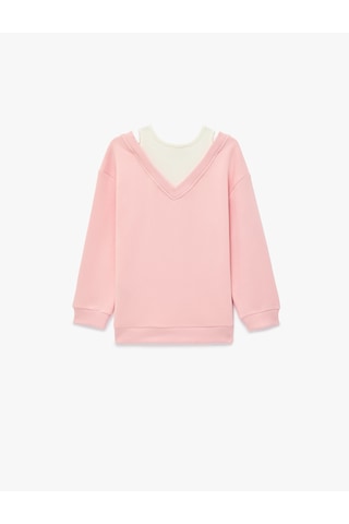 Koton Katmanlı V Yaka Uzun Kollu Pamuklu Şardonlu Sweatshirt Pembe 7wkg10051ak Gül