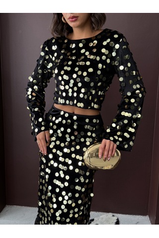 Verymoda Pullu Kadife Bluz Siyah Gold