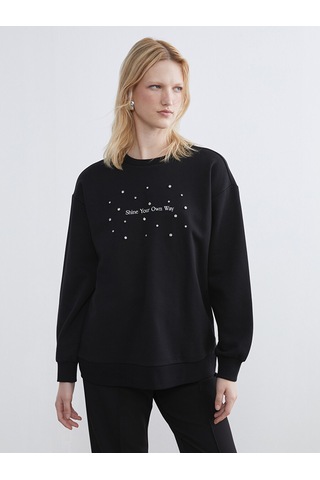 Lcwaıkıkı Maternity Siyah Bisiklet Yaka Taşlı Kadın Kalın Sweatshirt