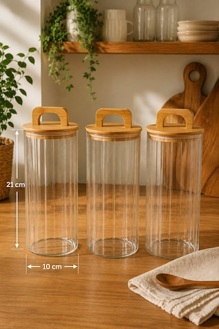 Aria- 3'lü Borosilikat Bambu Kapaklı Kavanoz 1300 Ml Çizgili Şeffaf