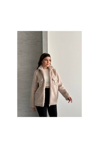 Asur Boutique Asur Butik Kadın Keçeli Kumaş Tokalı Fermuarlı Ceket Bej