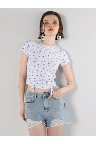 Colin's Slim Fit Baskılı Crop Beyaz Kadın Kısa Kol Tişört CL1063244_Q1.V2_WHT