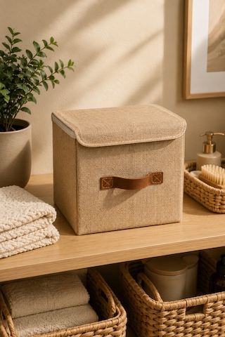 Kapaklı Jüt Saklama Kutusu 25x25x25 Cm Katlanabilir Dolap Düzenleyici Raf Organizer Doğal