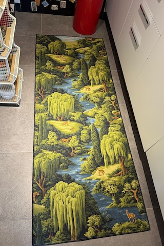 Rafel 903 Orman Temalı Botanik Desenli Halı Yıkanabilir İnce Dokuma Yolluk Salon Oturma Odası Halısı Yeşil